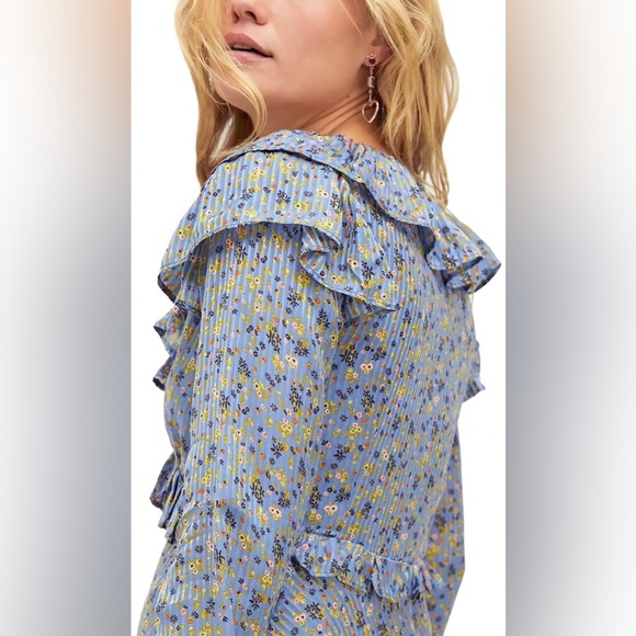 Free People Long Sleeve Empire Mini Dress Blue Size 2 - Picture 4 of 13